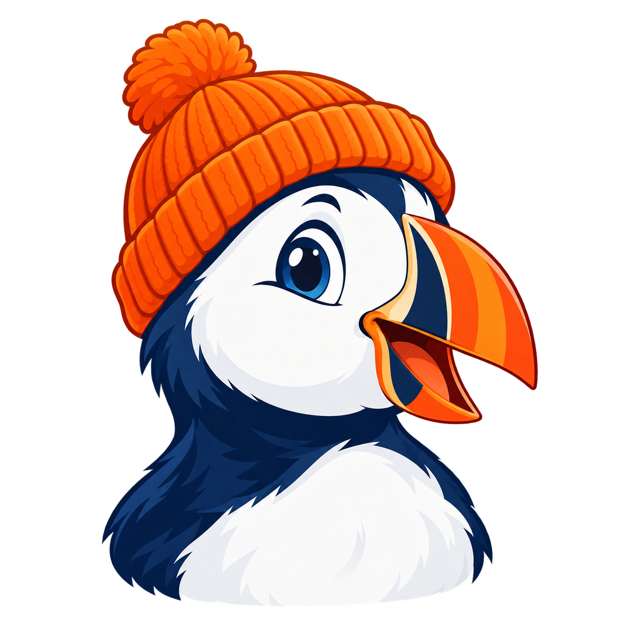 Puffin wearing an orange beanie